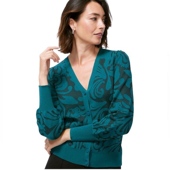 Chico’s Mesh Jacquard Button Front Cardigan Emerald Green Size 2/L - Picture 1 of 10